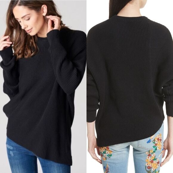 FREE People Downtown Black Dolman Sleeve Asymmetrical Ribbed Knit Sweater Medium - Picture 1 of 14